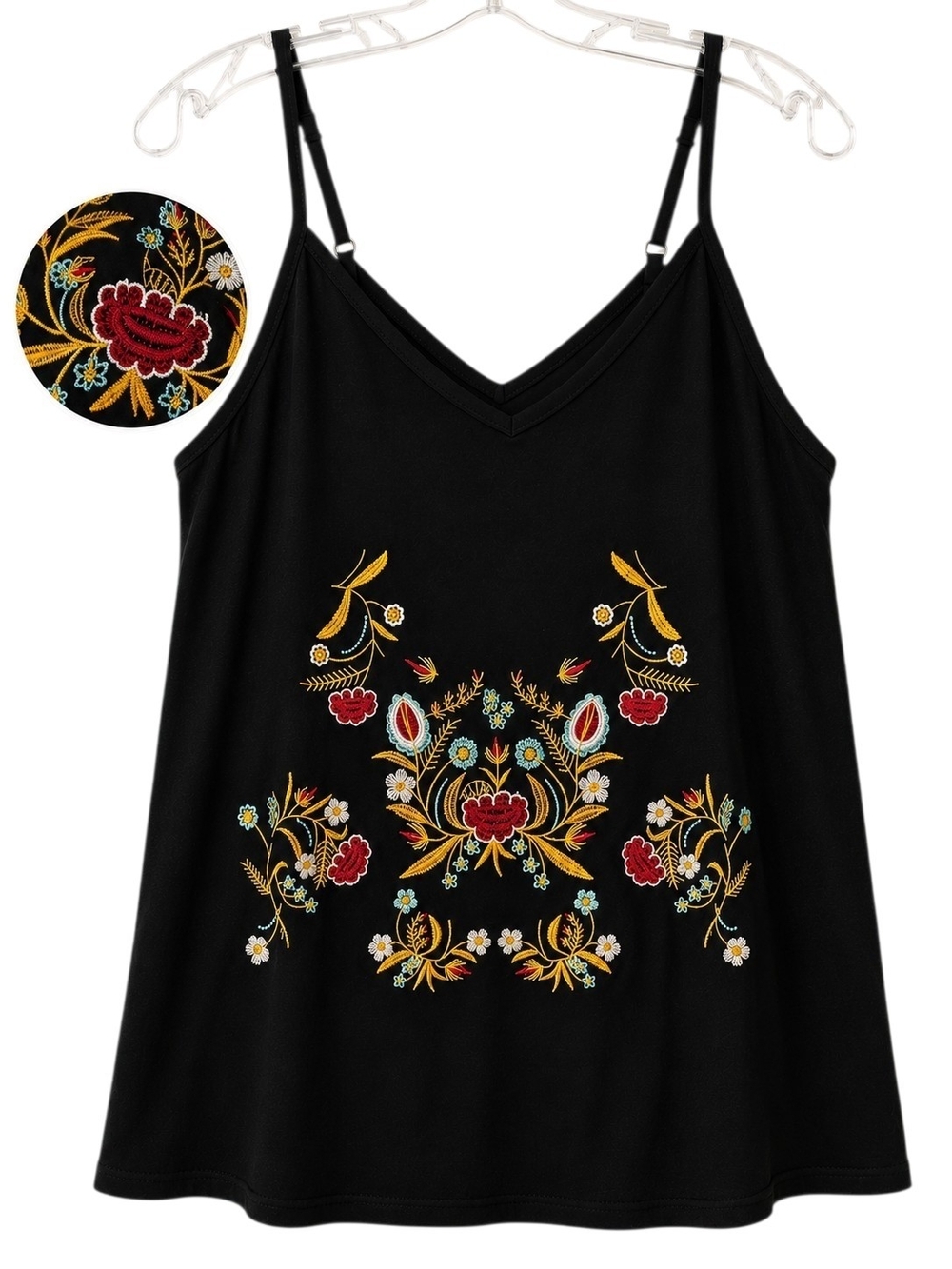TECREW Embroidered Black Floral V-Neck Cami Adjustable Strap Tank Top Size Small